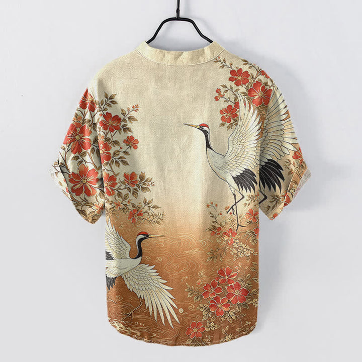 Buddha Stones Chemise homme à manches courtes et demi-boutonnée en coton à motif floral et vagues, avec grues orientales - image 4