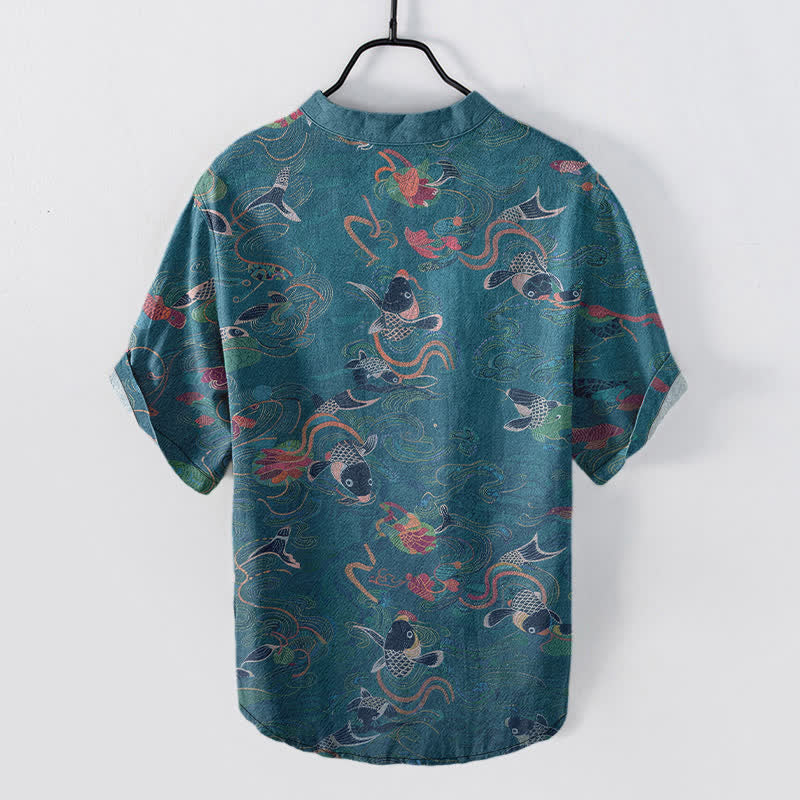 Buddha Stones Chemise homme à manches courtes et demi-boutonnée, motif carpes koï et lotus - image 8