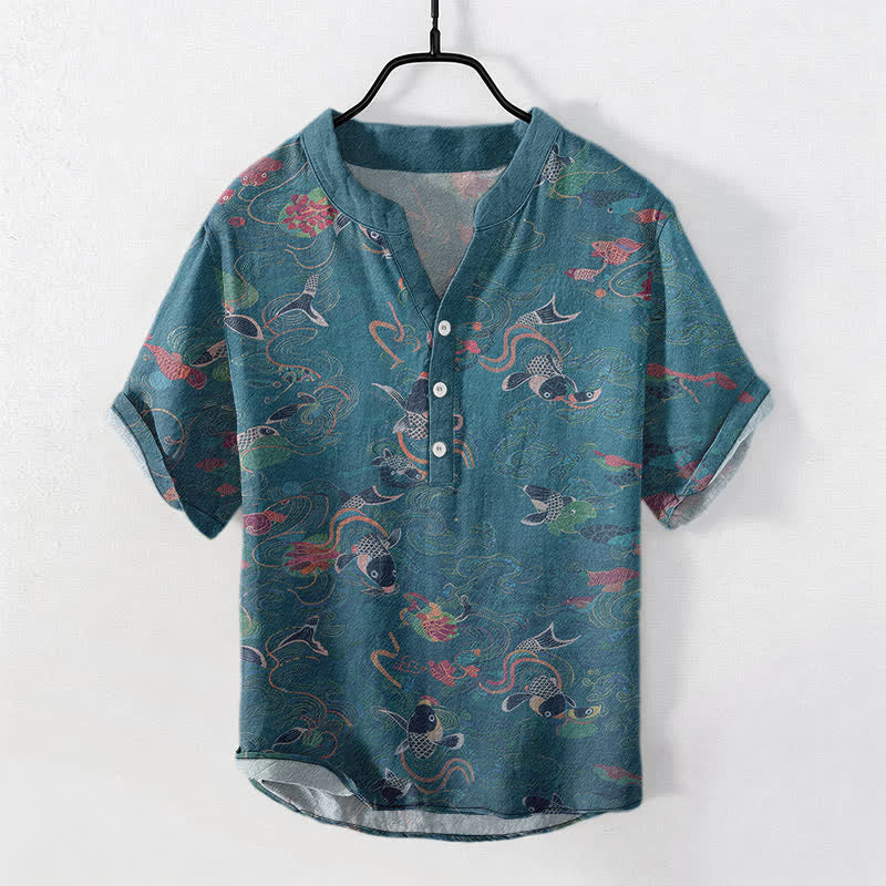 Buddha Stones Chemise homme à manches courtes et demi-boutonnée, motif carpes koï et lotus - Sarcelle - US/UK/AU50，EU60 (5XL) - image 7