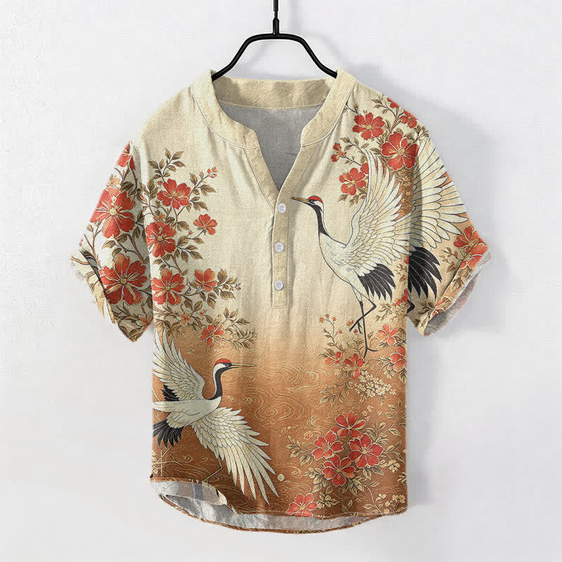 Buddha Stones Chemise homme à manches courtes et demi-boutonnée en coton à motif floral et vagues, avec grues orientales - Pérou - US/UK/AU50，EU60 (5XL) - image 3