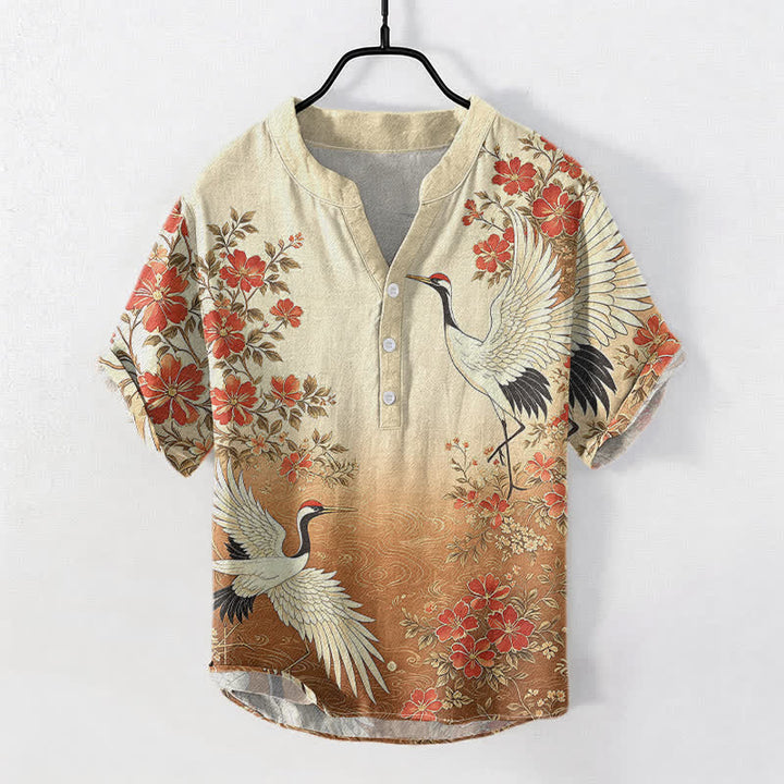 Buddha Stones Chemise homme à manches courtes et demi-boutonnée en coton à motif floral et vagues, avec grues orientales - Pérou - US/UK/AU50，EU60 (5XL) - image 3