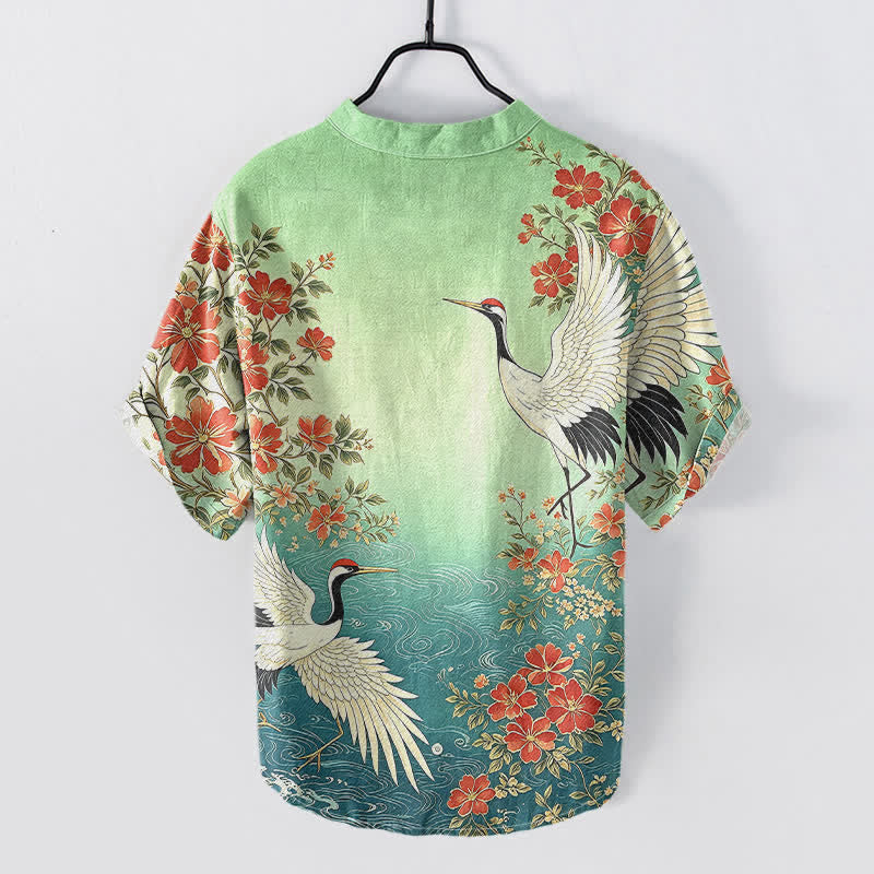 Buddha Stones Chemise homme à manches courtes et demi-boutonnée en coton à motif floral et vagues, avec grues orientales - image 6