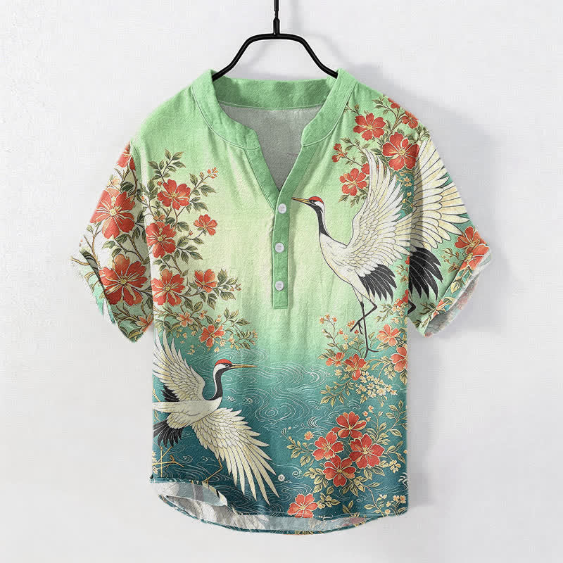 Buddha Stones Chemise homme à manches courtes et demi-boutonnée en coton à motif floral et vagues, avec grues orientales - Vert clair - US/UK/AU50，EU60 (5XL) - image 5