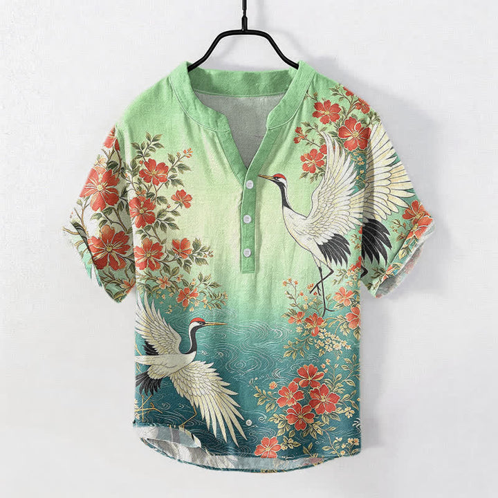 Buddha Stones Chemise homme à manches courtes et demi-boutonnée en coton à motif floral et vagues, avec grues orientales - Vert clair - US/UK/AU50，EU60 (5XL) - image 5