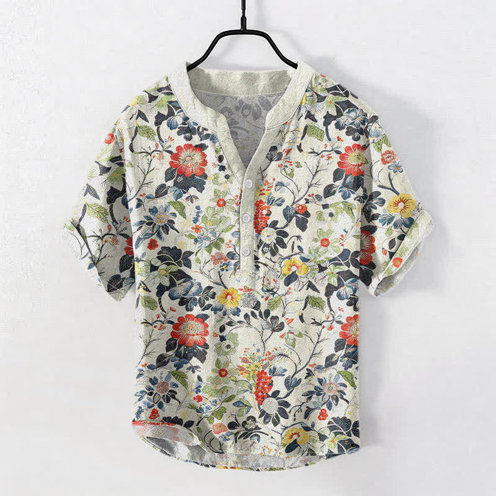Buddha Stones Chemise homme à manches courtes et demi-boutonnée en coton à motif floral vintage. - Ivoire - US/UK/AU50，EU60 (5XL) - image 0