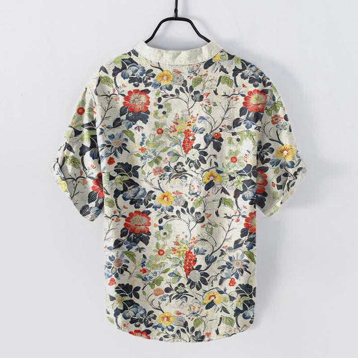 Buddha Stones Chemise homme à manches courtes et demi-boutonnée en coton à motif floral vintage. - image 1