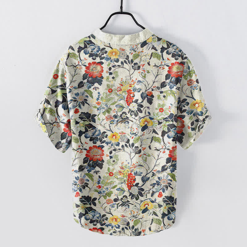 Buddha Stones Chemise homme à manches courtes et demi-boutonnée en coton à motif floral vintage. - image 1