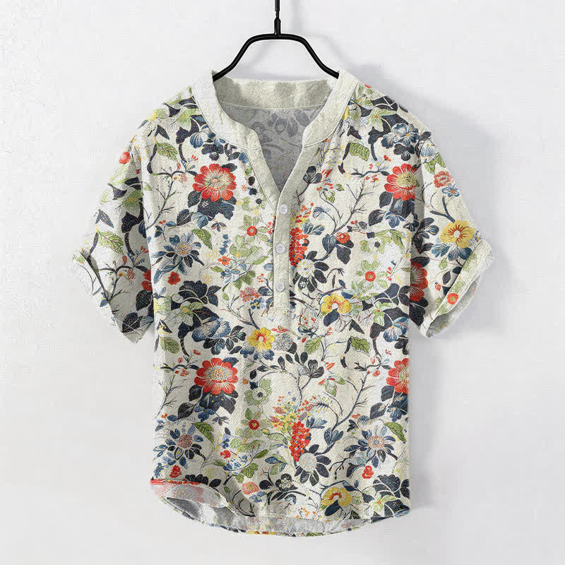 Buddha Stones Chemise homme à manches courtes et demi-boutonnée en coton à motif floral vintage. - Ivoire - US/UK/AU50，EU60 (5XL) - image 0