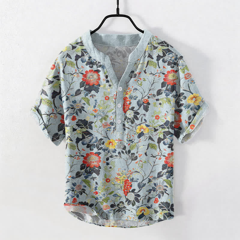 Buddha Stones Chemise homme à manches courtes et demi-boutonnée en coton à motif floral vintage. - Bleu poudré - US/UK/AU50，EU60 (5XL) - image 3