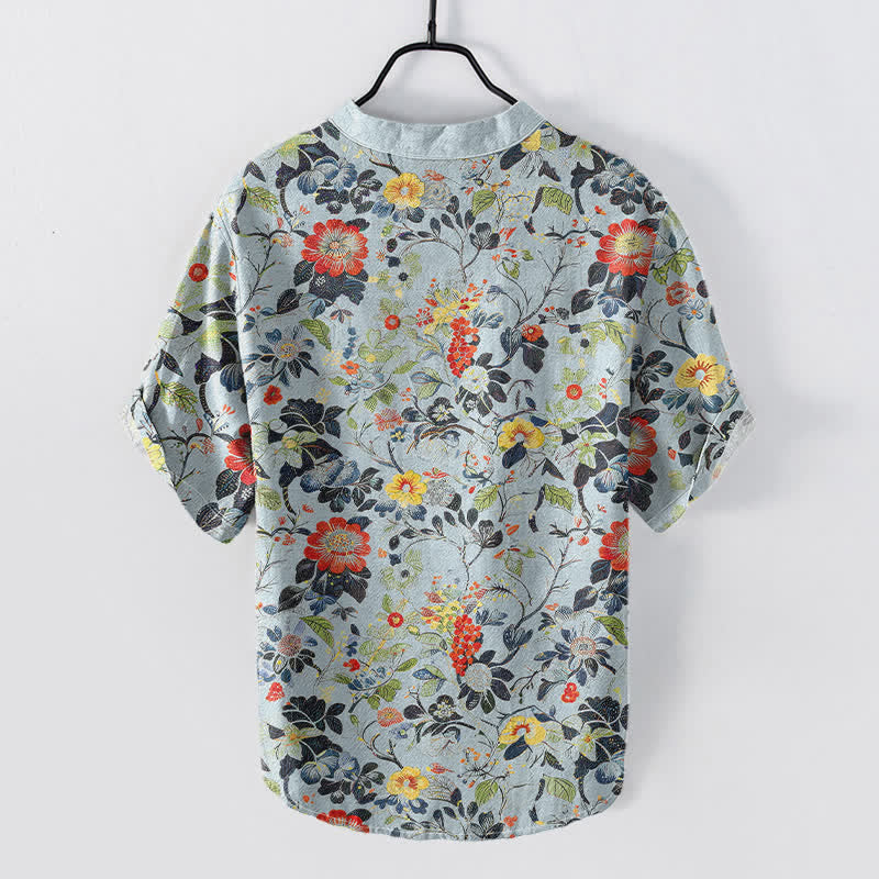 Buddha Stones Chemise homme à manches courtes et demi-boutonnée en coton à motif floral vintage. - image 4