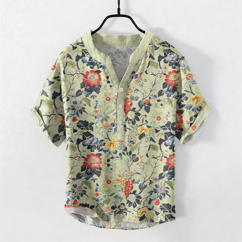 Buddha Stones Chemise homme à manches courtes et demi-boutonnée en coton à motif floral vintage. - HoneyDew - US/UK/AU50，EU60 (5XL) - image 5