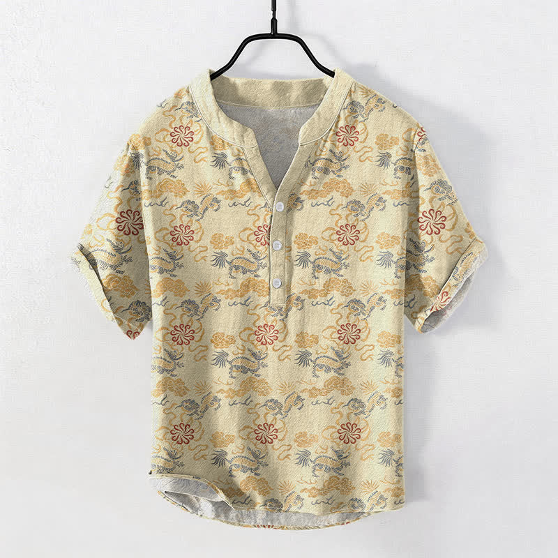 Buddha Stones Chemise à manches courtes pour homme en coton à motif floral oriental nuageux et vagues - Beige - US/UK/AU50，EU60 (5XL) - image 0