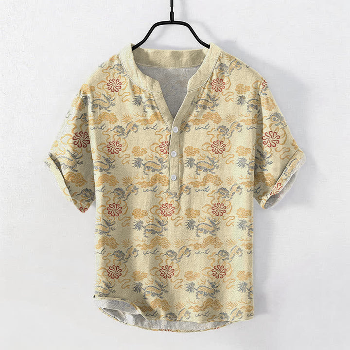 Buddha Stones Chemise à manches courtes pour homme en coton à motif floral oriental nuageux et vagues - Beige - US/UK/AU50，EU60 (5XL) - image 0