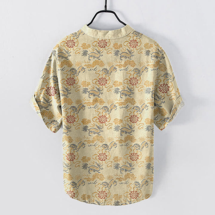 Buddha Stones Chemise à manches courtes pour homme en coton à motif floral oriental nuageux et vagues - image 1
