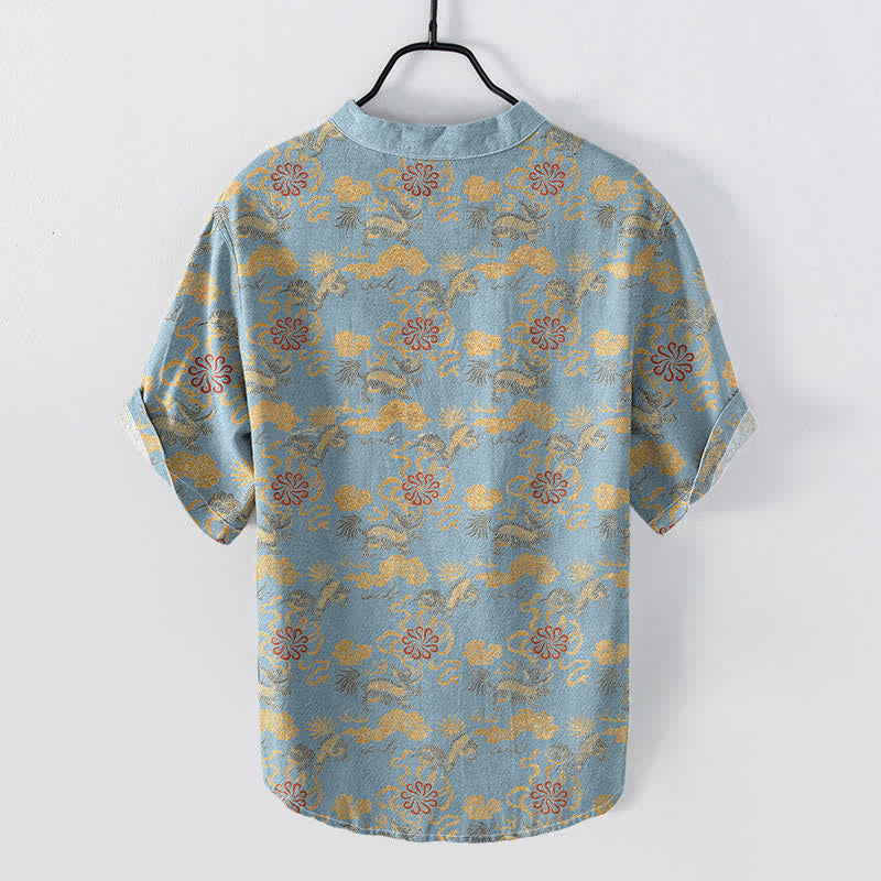 Buddha Stones Chemise à manches courtes pour homme en coton à motif floral oriental nuageux et vagues - image 4