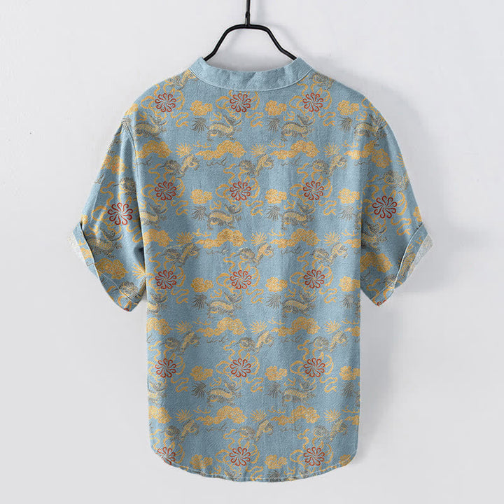 Buddha Stones Chemise à manches courtes pour homme en coton à motif floral oriental nuageux et vagues - image 4