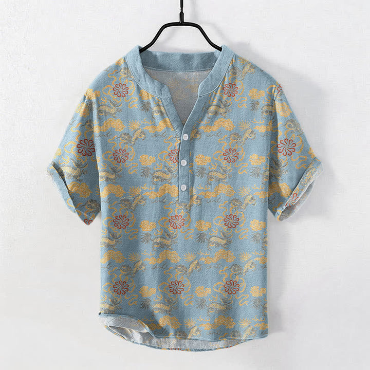 Buddha Stones Chemise à manches courtes pour homme en coton à motif floral oriental nuageux et vagues - Bleu clair - US/UK/AU50，EU60 (5XL) - image 3