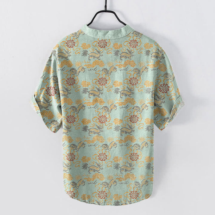 Buddha Stones Chemise à manches courtes pour homme en coton à motif floral oriental nuageux et vagues - image 6