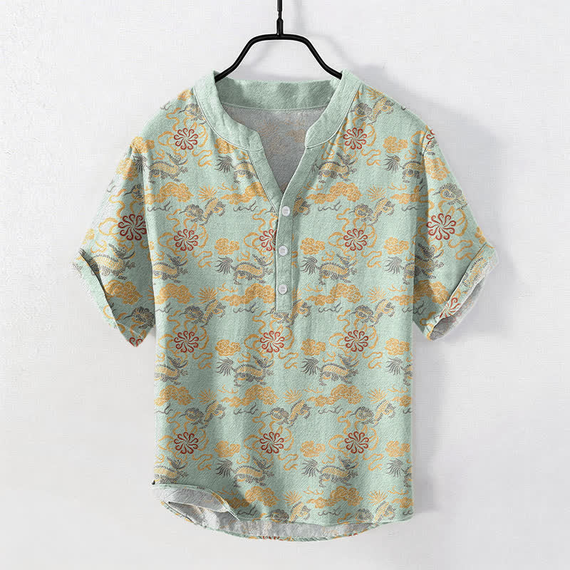 Buddha Stones Chemise à manches courtes pour homme en coton à motif floral oriental nuageux et vagues - Crème à la menthe - US/UK/AU50，EU60 (5XL) - image 5