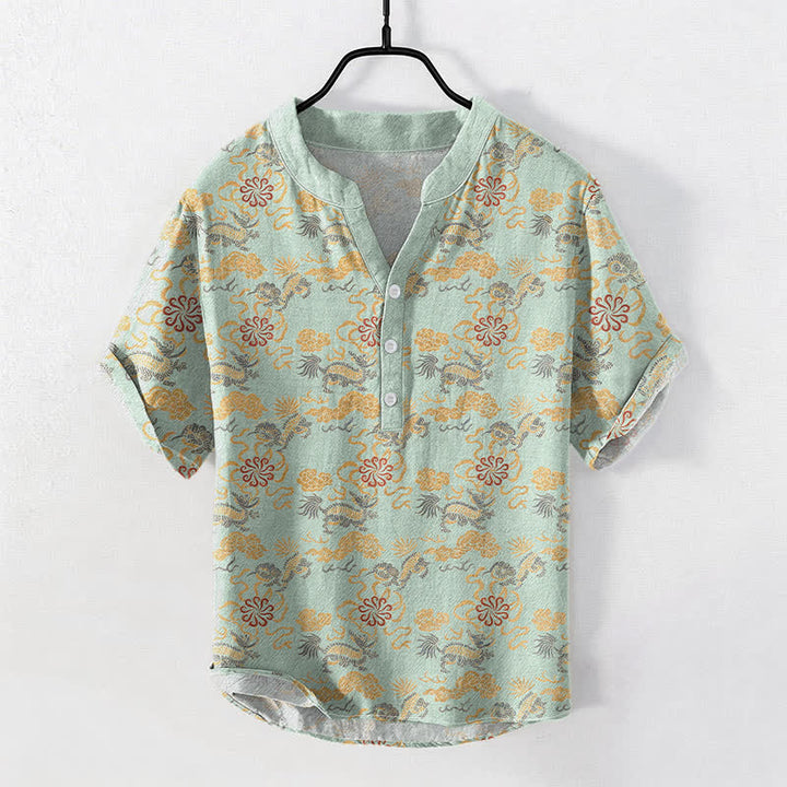 Buddha Stones Chemise à manches courtes pour homme en coton à motif floral oriental nuageux et vagues - Crème à la menthe - US/UK/AU50，EU60 (5XL) - image 5