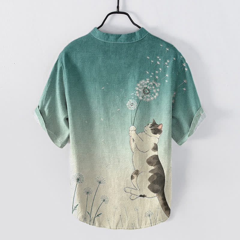 Buddha Stones Chemise à manches courtes pour homme, en coton, motif chat et pissenlit dessiné à la main, demi-boutonnée - image 1