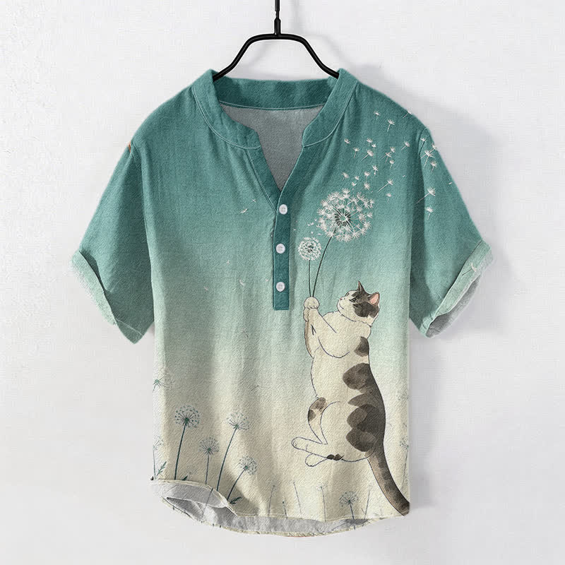 Buddha Stones Chemise à manches courtes pour homme, en coton, motif chat et pissenlit dessiné à la main, demi-boutonnée - Vert mer moyen - US/UK/AU50，EU60 (5XL) - image 0