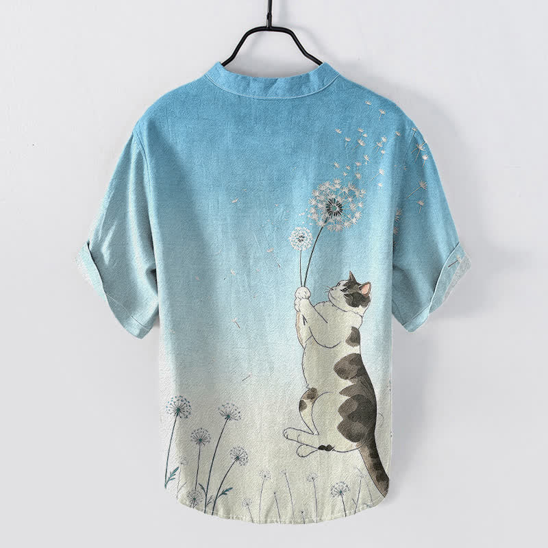 Buddha Stones Chemise à manches courtes pour homme, en coton, motif chat et pissenlit dessiné à la main, demi-boutonnée - image 4