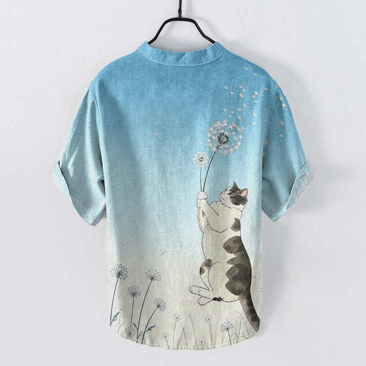 Buddha Stones Chemise à manches courtes pour homme, en coton, motif chat et pissenlit dessiné à la main, demi-boutonnée - image 4