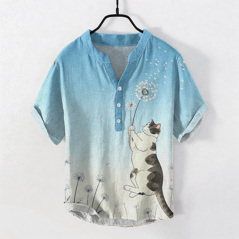 Buddha Stones Chemise à manches courtes pour homme, en coton, motif chat et pissenlit dessiné à la main, demi-boutonnée - Bleu ciel - US/UK/AU50，EU60 (5XL) - image 3