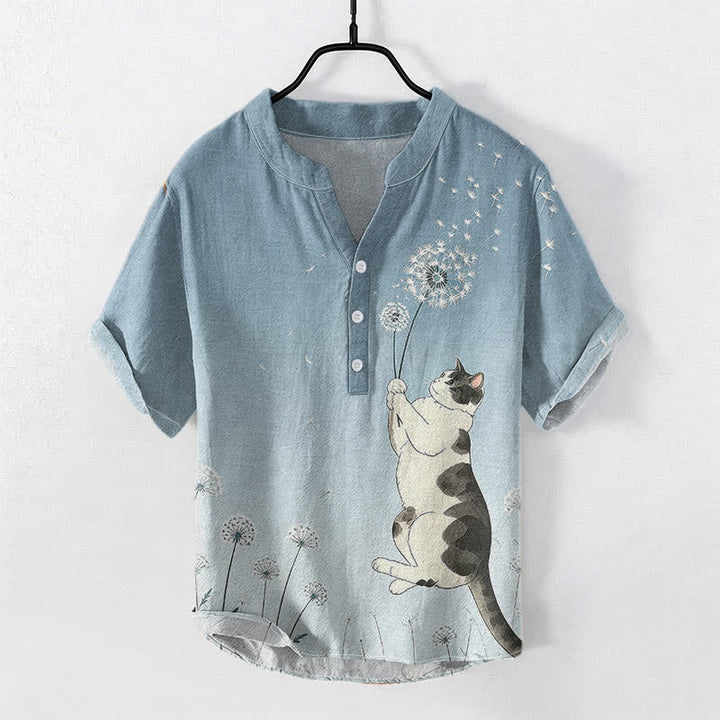 Buddha Stones Chemise à manches courtes pour homme, en coton, motif chat et pissenlit dessiné à la main, demi-boutonnée - Bleu acier clair - US/UK/AU50，EU60 (5XL) - image 5