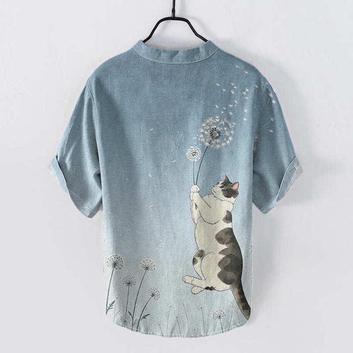 Buddha Stones Chemise à manches courtes pour homme, en coton, motif chat et pissenlit dessiné à la main, demi-boutonnée - image 6