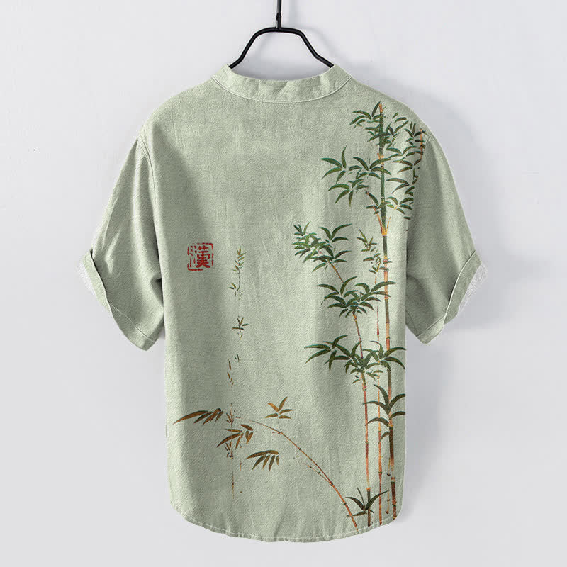 Buddha Stones Chemise homme à manches courtes et demi-boutons, motif délavé à l'encre de bambou et coton - image 1