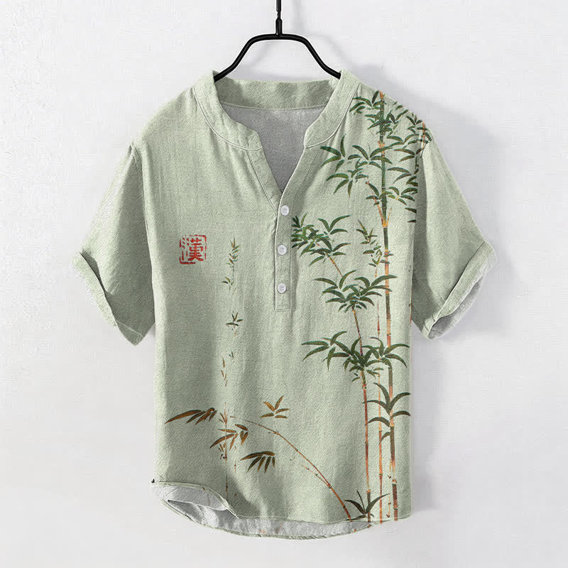 Buddha Stones Chemise homme à manches courtes et demi-boutons, motif délavé à l'encre de bambou et coton - Vert pâle - US/UK/AU50，EU60 (5XL) - image 0