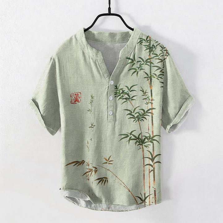 Buddha Stones Chemise homme à manches courtes et demi-boutons, motif délavé à l'encre de bambou et coton - Vert pâle - US/UK/AU50，EU60 (5XL) - image 0