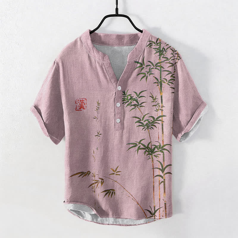 Buddha Stones Chemise homme à manches courtes et demi-boutons, motif délavé à l'encre de bambou et coton - Rose clair - US/UK/AU50，EU60 (5XL) - image 3