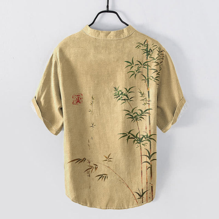 Buddha Stones Chemise homme à manches courtes et demi-boutons, motif délavé à l'encre de bambou et coton - image 6