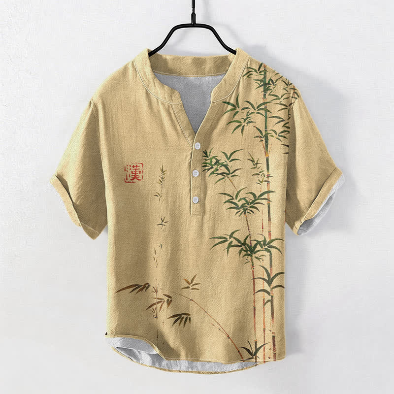 Buddha Stones Chemise homme à manches courtes et demi-boutons, motif délavé à l'encre de bambou et coton - BurlyWood - US/UK/AU50，EU60 (5XL) - image 5