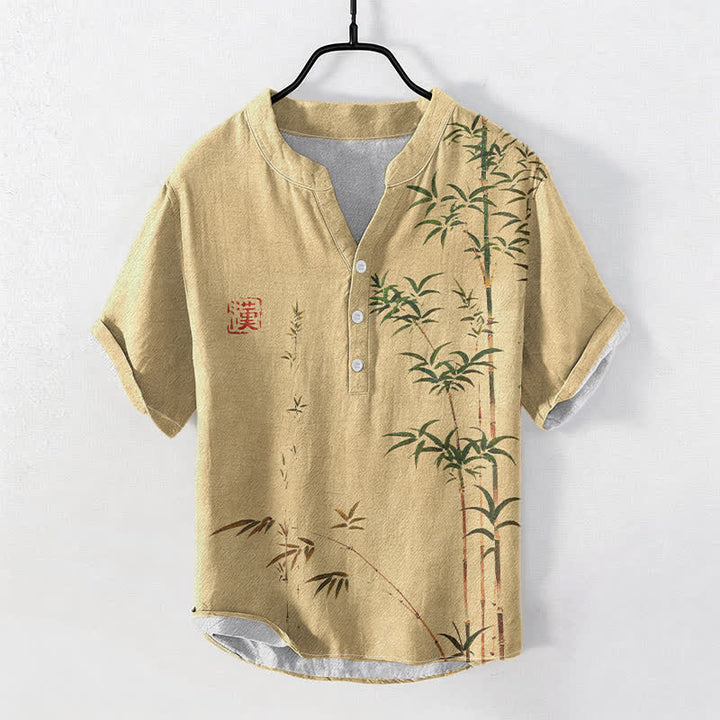 Buddha Stones Chemise homme à manches courtes et demi-boutons, motif délavé à l'encre de bambou et coton - BurlyWood - US/UK/AU50，EU60 (5XL) - image 5