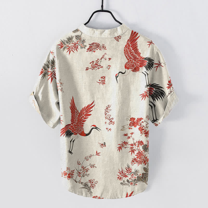 Buddha Stones Chemise homme à manches courtes et demi-boutonnée en coton à motif floral de grues rouges - image 1