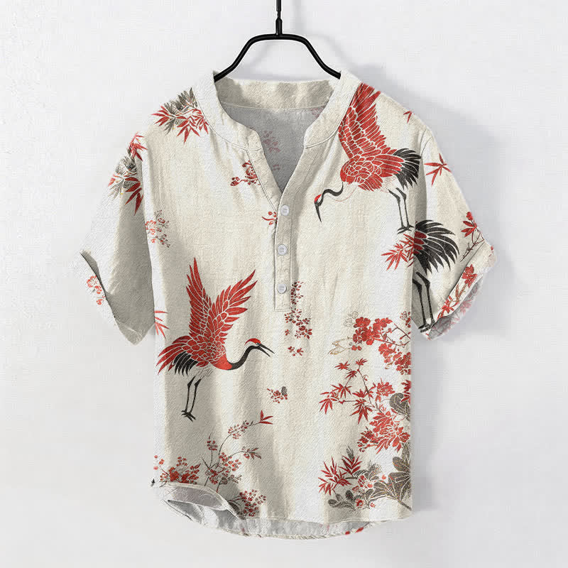 Buddha Stones Chemise homme à manches courtes et demi-boutonnée en coton à motif floral de grues rouges - Lin - US/UK/AU50，EU60 (5XL) - image 0