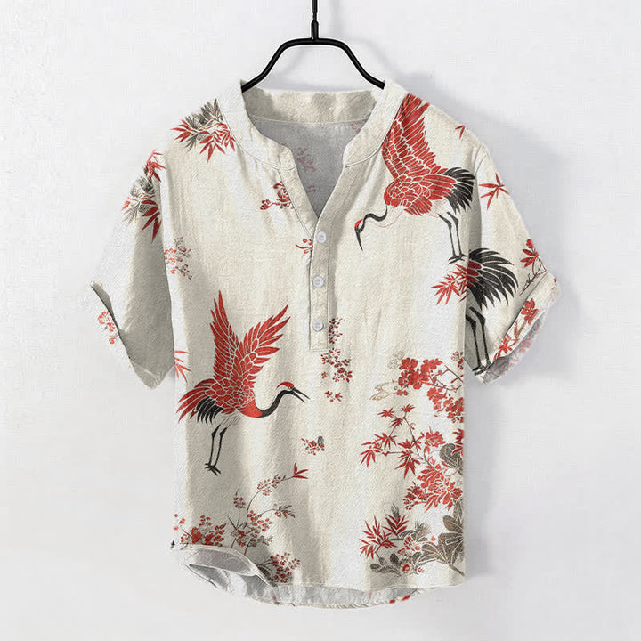 Buddha Stones Chemise homme à manches courtes et demi-boutonnée en coton à motif floral de grues rouges - Lin - US/UK/AU50，EU60 (5XL) - image 0