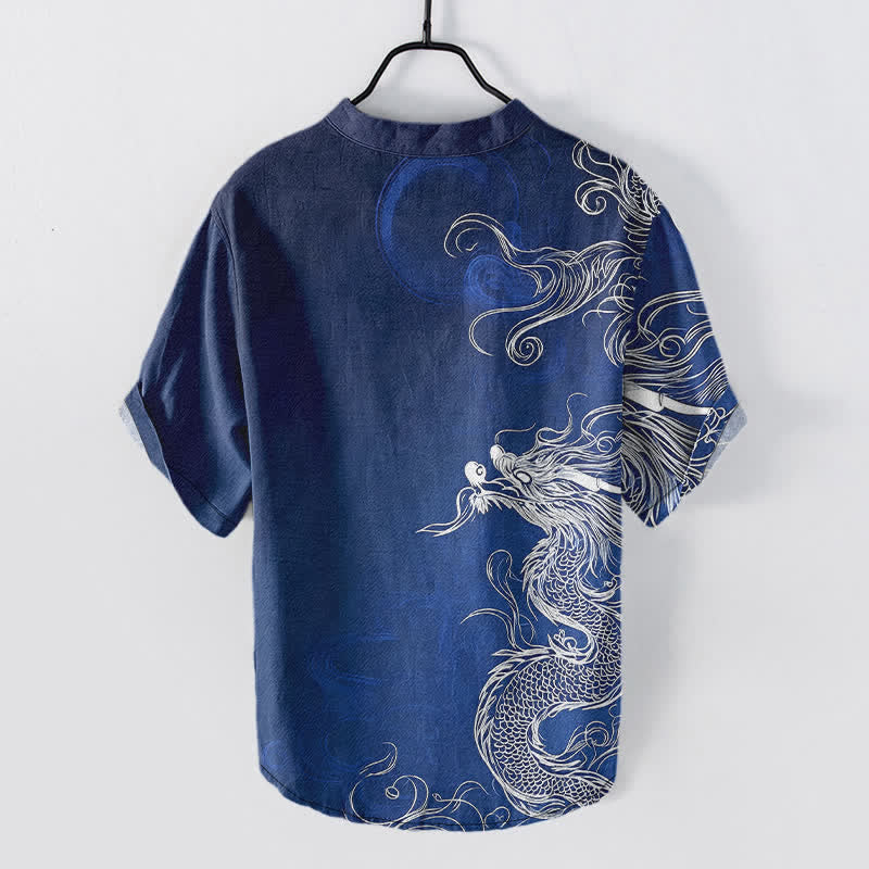 Buddha Stones Chemise homme à manches courtes et demi-boutonnée en coton blanc à motif de grand dragon - image 1
