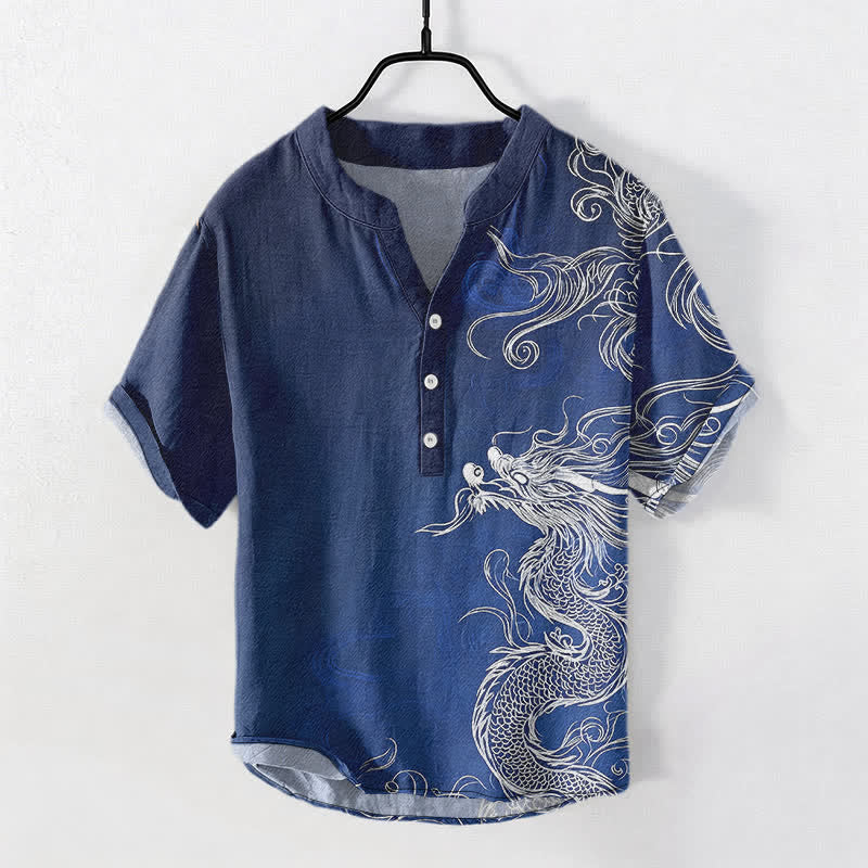 Buddha Stones Chemise homme à manches courtes et demi-boutonnée en coton blanc à motif de grand dragon - Marine - US/UK/AU50，EU60 (5XL) - image 0