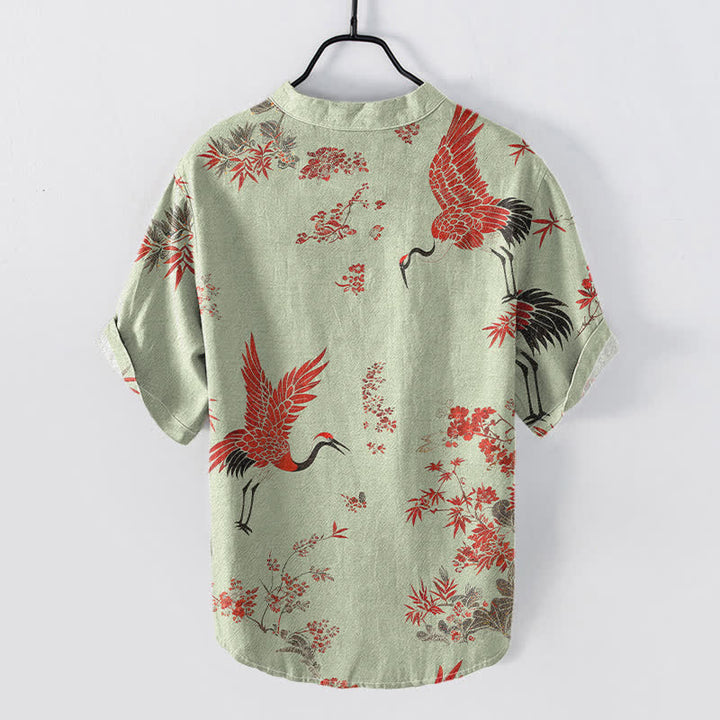 Buddha Stones Chemise homme à manches courtes et demi-boutonnée en coton à motif floral de grues rouges - image 4