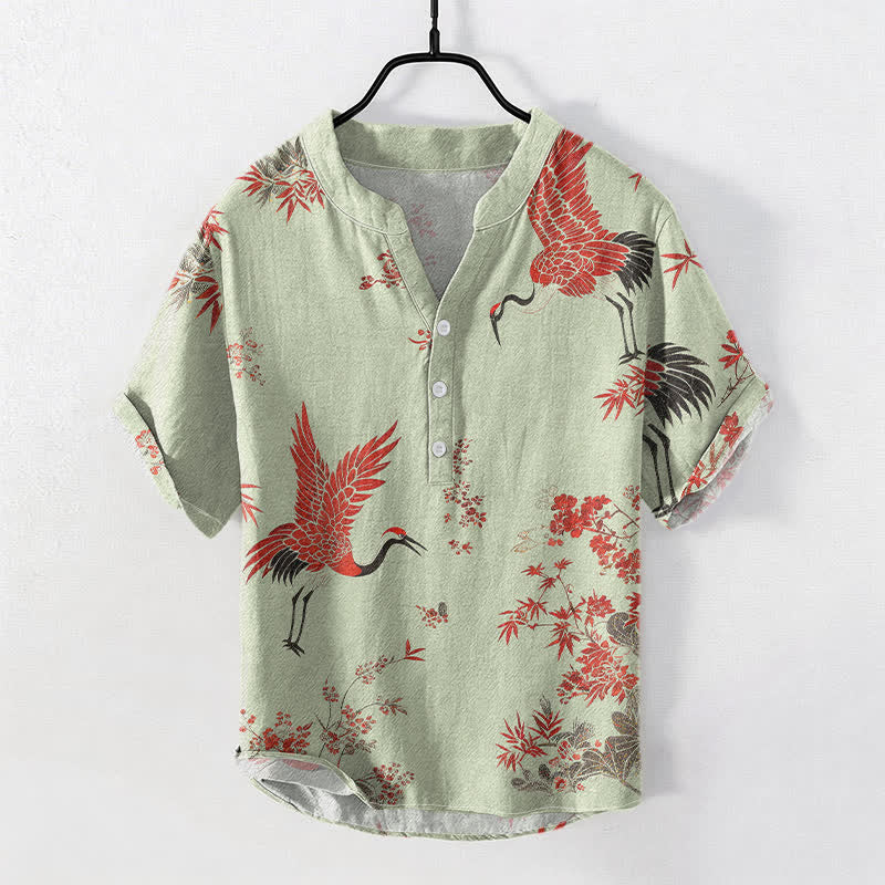 Buddha Stones Chemise homme à manches courtes et demi-boutonnée en coton à motif floral de grues rouges - Vert pâle - US/UK/AU50，EU60 (5XL) - image 3