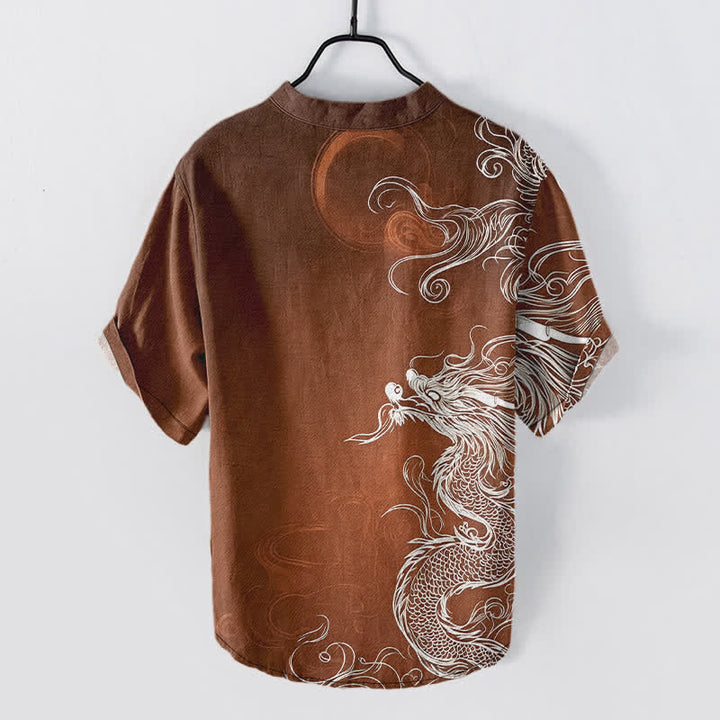 Buddha Stones Chemise homme à manches courtes et demi-boutonnée en coton blanc à motif de grand dragon - image 6