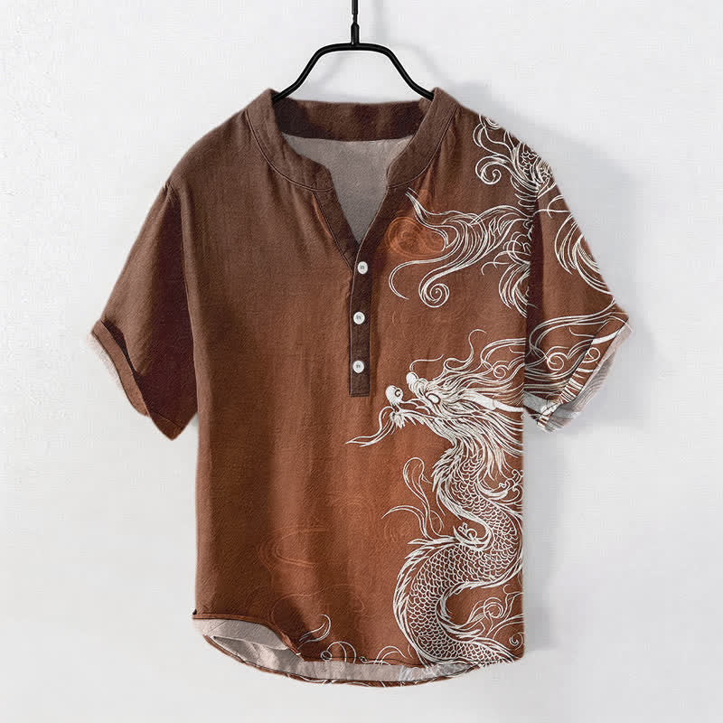 Buddha Stones Chemise homme à manches courtes et demi-boutonnée en coton blanc à motif de grand dragon - SaddleBrown - US/UK/AU50，EU60 (5XL) - image 5