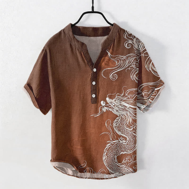 Buddha Stones Chemise homme à manches courtes et demi-boutonnée en coton blanc à motif de grand dragon - SaddleBrown - US/UK/AU50，EU60 (5XL) - image 5