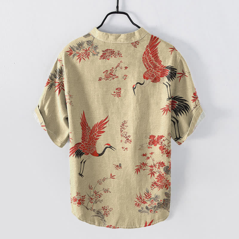 Buddha Stones Chemise homme à manches courtes et demi-boutonnée en coton à motif floral de grues rouges - image 6