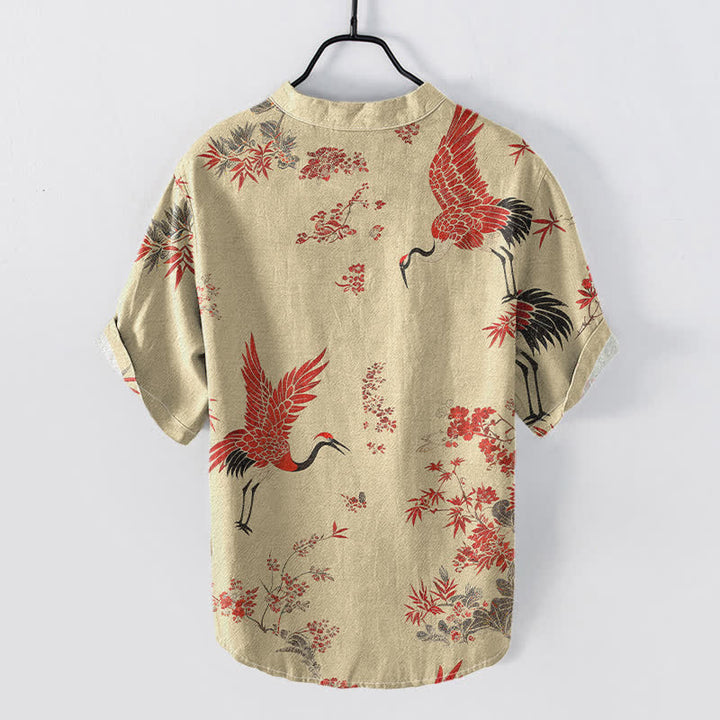 Buddha Stones Chemise homme à manches courtes et demi-boutonnée en coton à motif floral de grues rouges - image 6